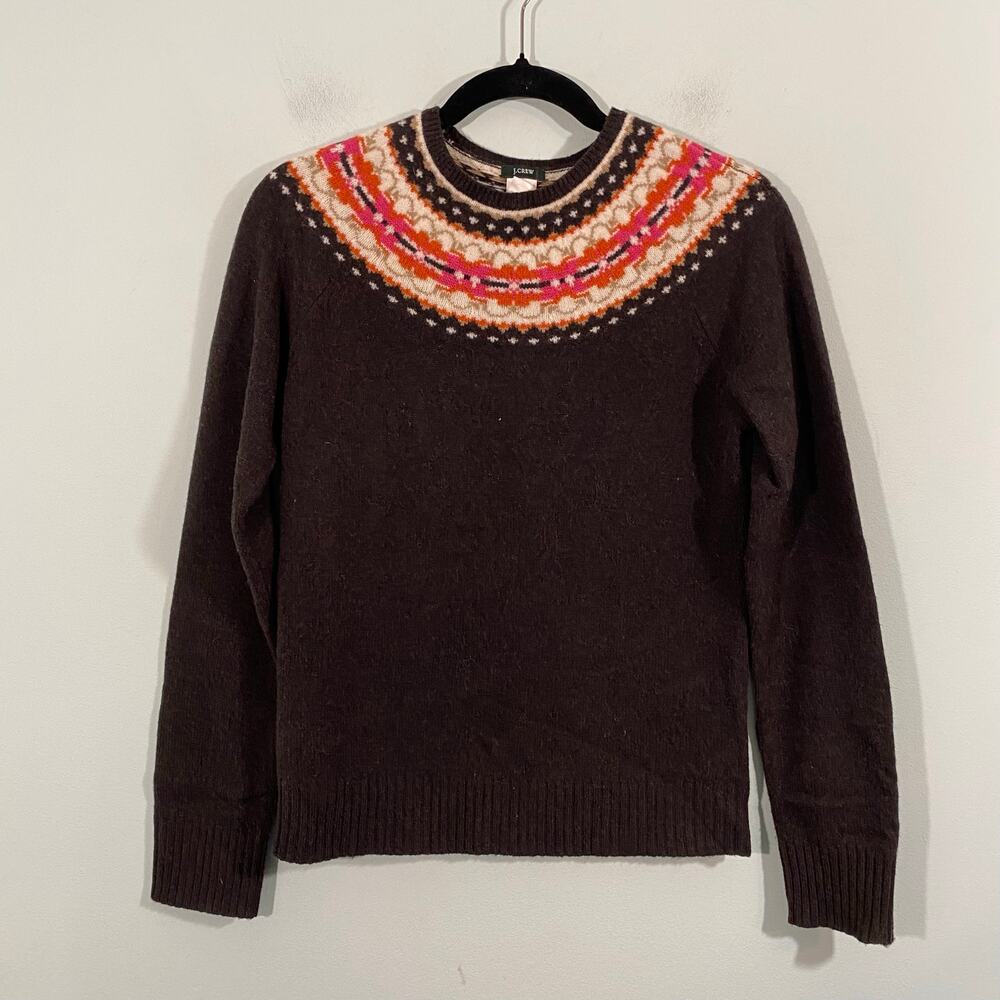 Vintage J. Crew Women Brown Fair Isle Yoke Lamb's Wool Crew Neck Sweater Sz M